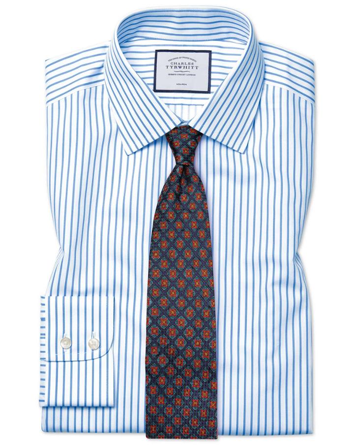 Slim Fit Non-iron Sky Blue Stripe Twill Cotton Dress Shirt Single Cuff Size 14.5/33 By Charles Tyrwhitt