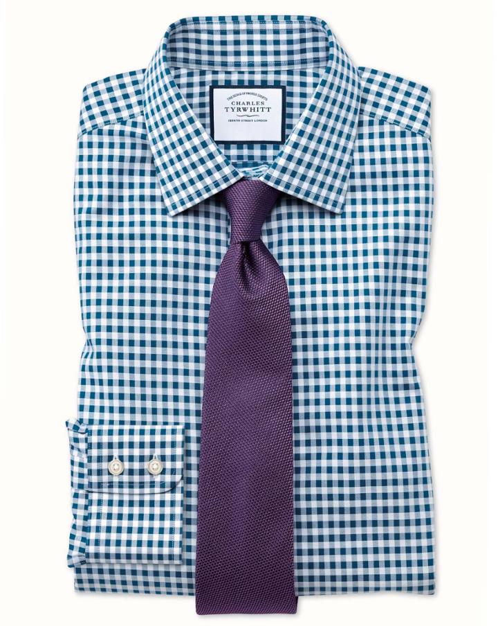  Extra Slim Fit Non-iron Gingham Teal Cotton Dress Shirt Single Cuff Size 15.5/33 By Charles Tyrwhitt