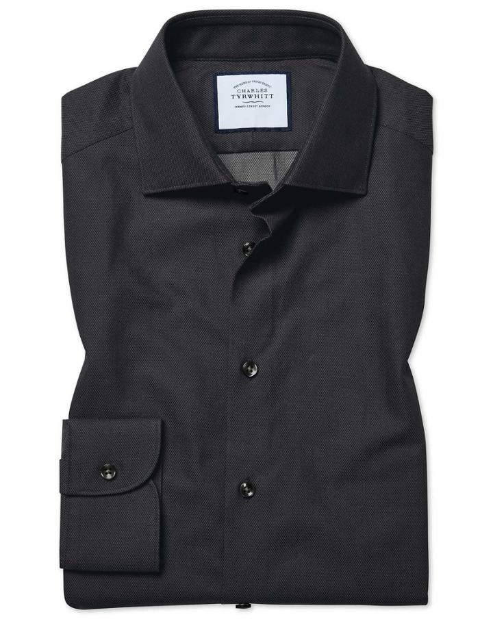  Extra Slim Fit Micro Diamond Charcoal Cotton Dress Shirt Single Cuff Size 14.5/32 By Charles Tyrwhitt