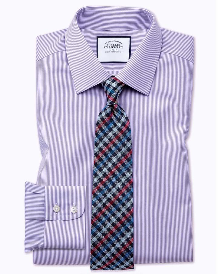  Classic Fit Non-iron Bengal Stripe Lilac Cotton Dress Shirt Single Cuff Size 15.5/34 By Charles Tyrwhitt