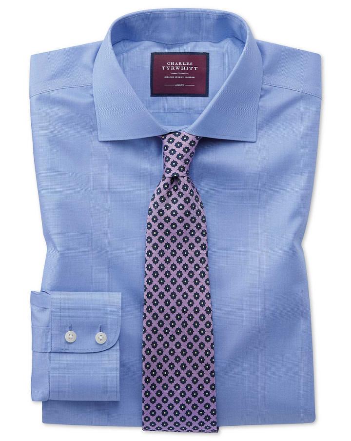  Classic Fit Luxury Non-iron Prince Of Wales Check Blue Cotton Dress Shirt Single Cuff Size 15.5/35 By Charles Tyrwhitt