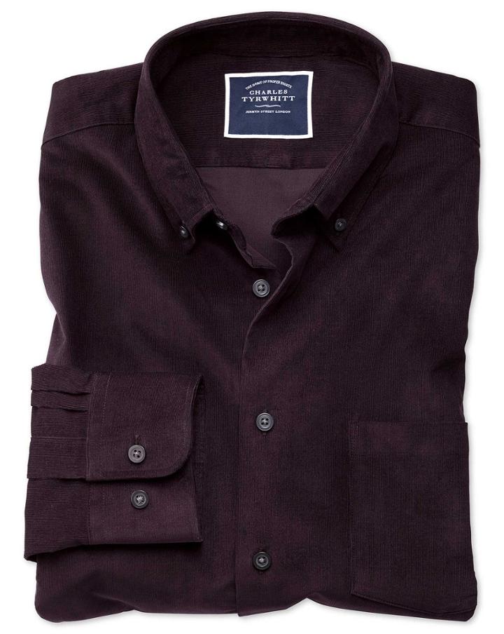  Extra Slim Fit Plain Dark Purple Fine Corduroy Cotton Casual Shirt Single Cuff Size Medium By Charles Tyrwhitt