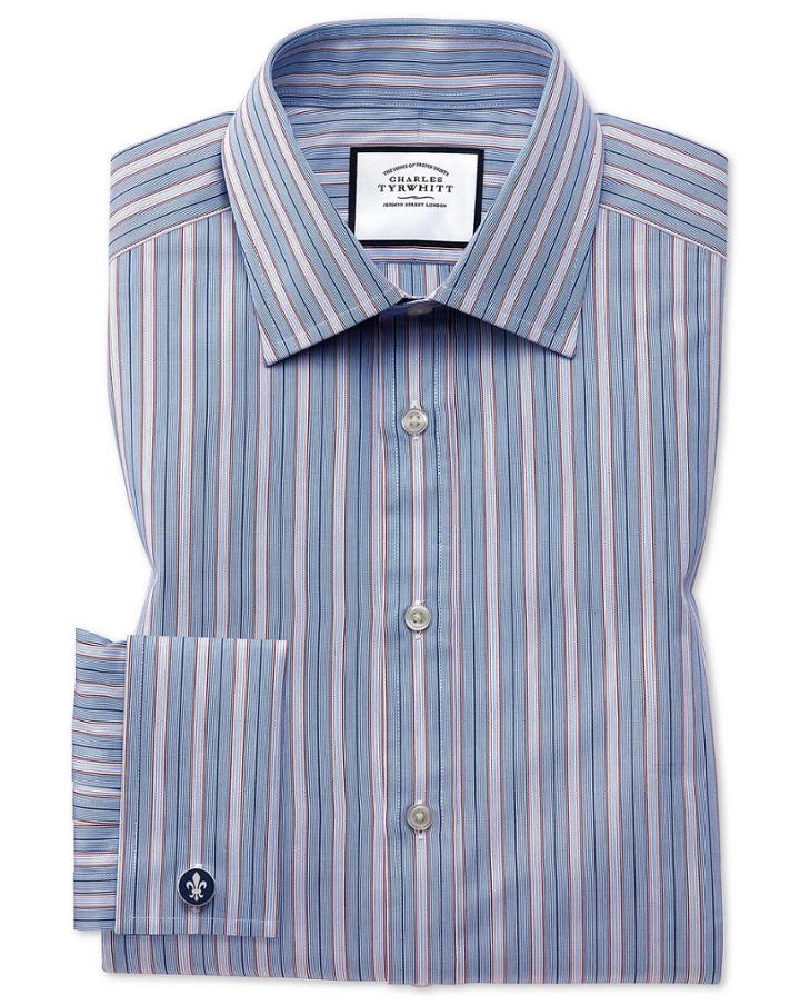  Extra Slim Fit Red Multi Stripe Egyptian Cotton Dress Shirt French Cuff Size 14.5/32 By Charles Tyrwhitt