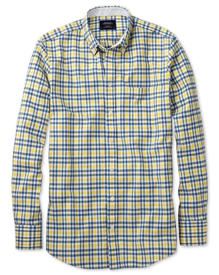 Charles Tyrwhitt Charles Tyrwhitt Slim Fit Blue And Yellow Check Washed Oxford Cotton Dress Shirt Size Small