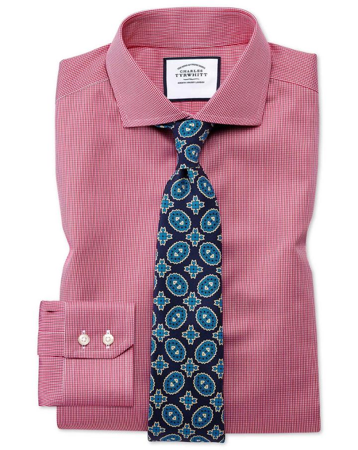 Charles Tyrwhitt Slim Fit Spread Collar Non-iron Puppytooth Bright Pink Cotton Dress Shirt French Cuff Size 14.5/33 By Charles Tyrwhitt