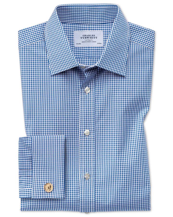 Charles Tyrwhitt Extra Slim Fit Small Gingham Navy Blue Cotton Dress Shirt French Cuff Size 15.5/32 By Charles Tyrwhitt