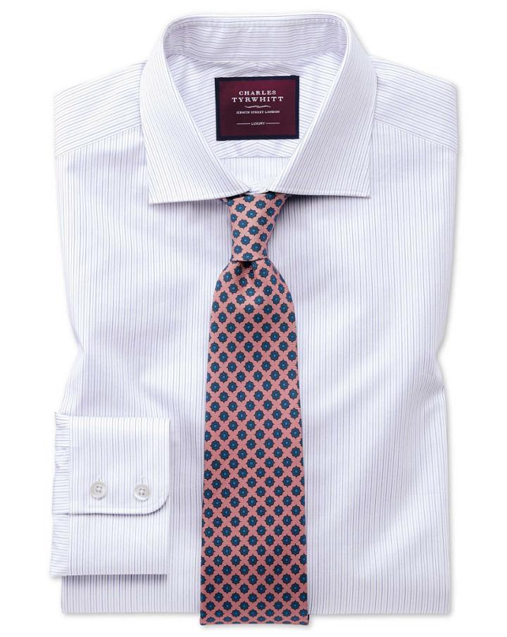  Slim Fit Luxury Fine Stripe Lilac Egyptian Cotton Dress Shirt Single Cuff Size 15/33 By Charles Tyrwhitt