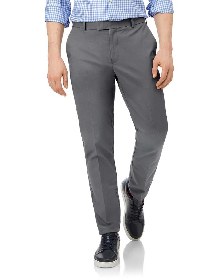  Grey Flat Front Non-iron Cotton Chino Pants Size W32 L32 By Charles Tyrwhitt