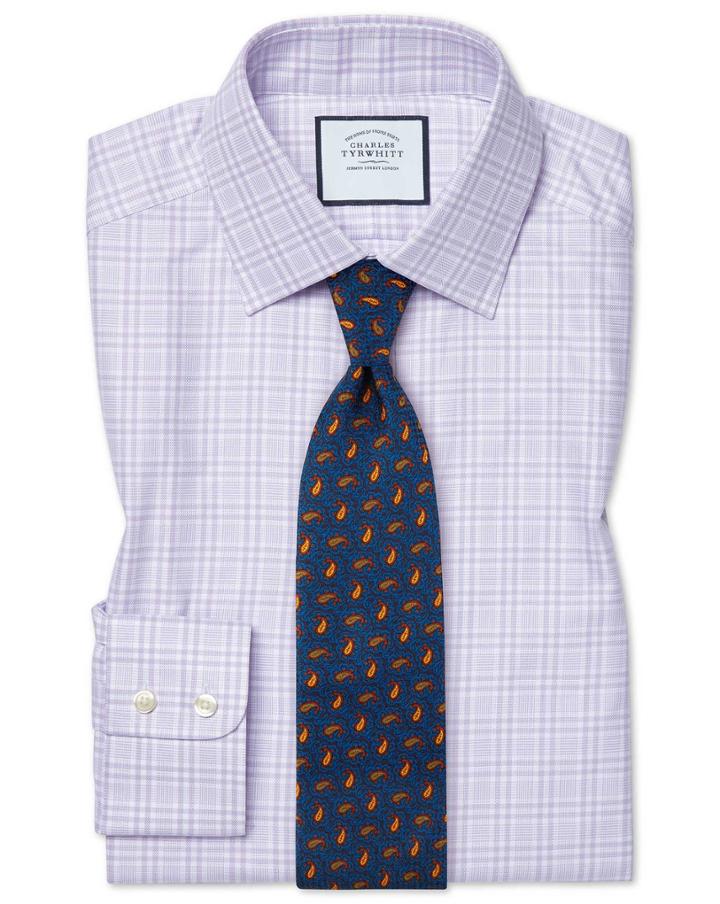  Classic Fit Brushed-back Basketweave Lilac Check Cotton Dress Shirt Single Cuff Size 15.5/33 By Charles Tyrwhitt