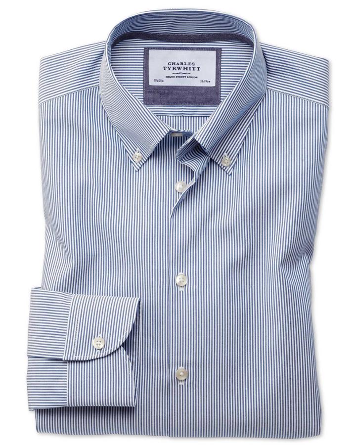 Charles Tyrwhitt Slim Fit Button-down Business Casual Non-iron Blue Stripe Cotton Dress Casual Shirt Single Cuff Size 15/33 By Charles Tyrwhitt