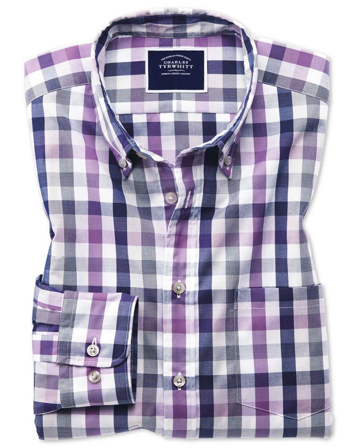  Classic Fit Purple Multi Check Soft Washed Non-iron Tyrwhitt Cool Cotton Casual Shirt Single Cuff Size Medium By Charles Tyrwhitt