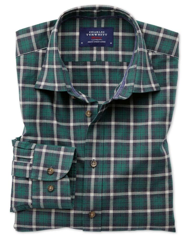 Charles Tyrwhitt Slim Fit Heather Tartan Navy Blue And Green Check Cotton Casual Shirt Single Cuff Size Large By Charles Tyrwhitt