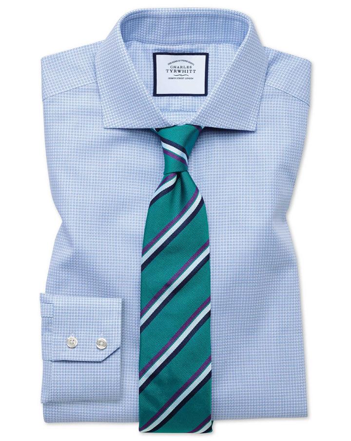  Extra Slim Fit Textured Puppytooth Sky Blue Cotton Dress Shirt French Cuff Size 14.5/32 By Charles Tyrwhitt