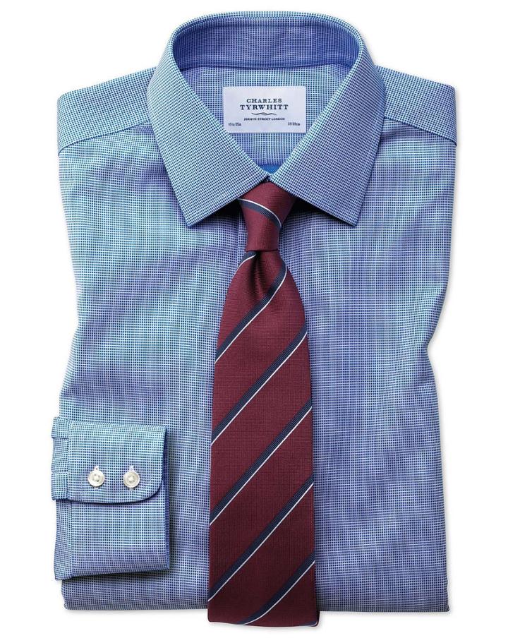 Charles Tyrwhitt Slim Fit Non-iron Square Weave Blue Cotton Dress Casual Shirt Single Cuff Size 14.5/32 By Charles Tyrwhitt