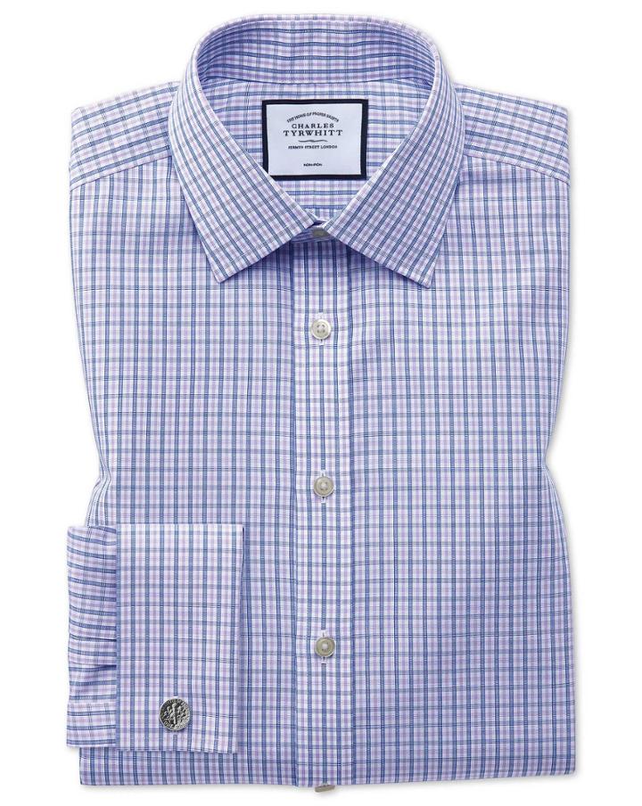  Slim Fit Non-iron Blue And Purple Check Cotton Dress Shirt French Cuff Size 14.5/33 By Charles Tyrwhitt