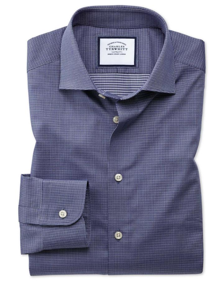 Charles Tyrwhitt Extra Slim Semi-spread Collar Fit Business Casual Navy Multi Puppytooth Cotton Dress Shirt Single Cuff Size 14.5/32 By Charles Tyrwhitt