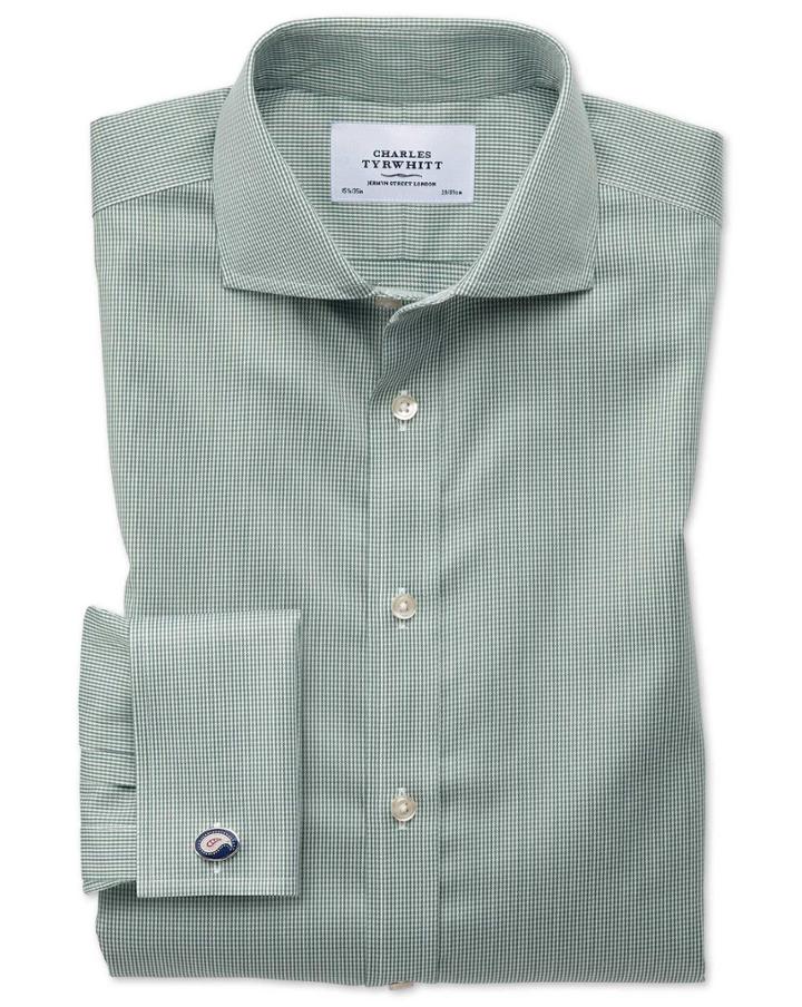 Charles Tyrwhitt Extra Slim Fit Spread Collar Non-iron Puppytooth Olive Cotton Dress Casual Shirt Single Cuff Size 14.5/32 By Charles Tyrwhitt