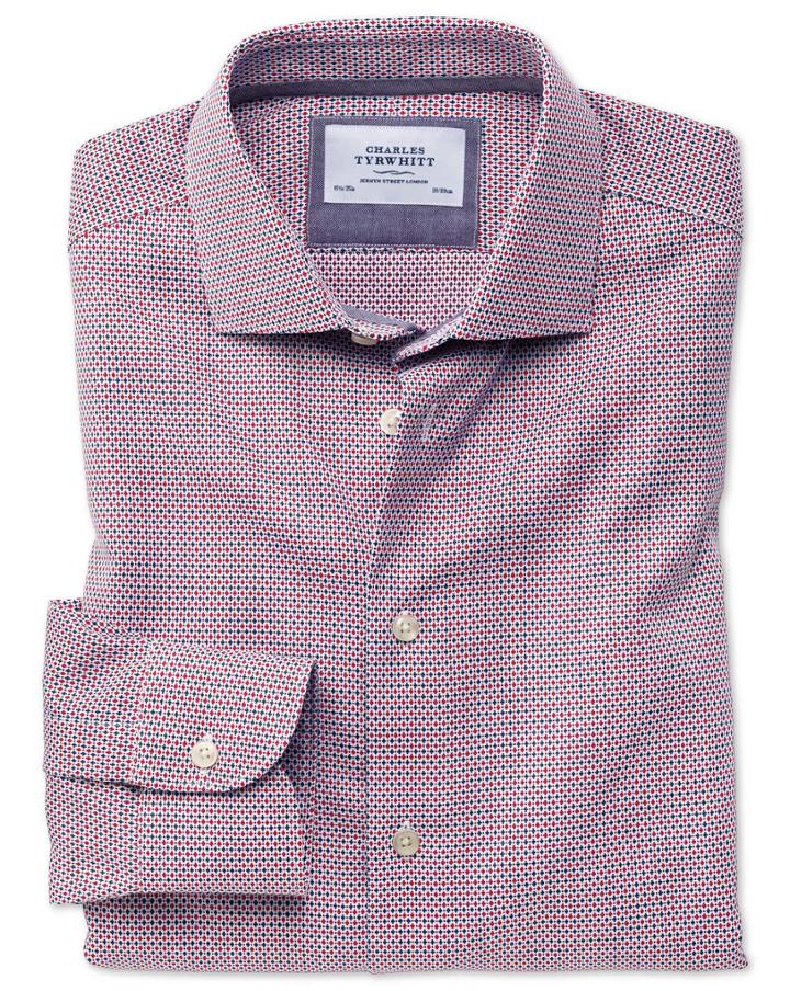 Charles Tyrwhitt Classic Fit Semi-cutaway Business Casual Non-iron Modern Textures Red And Blue Cotton Dress Casual Shirt Single Cuff Size 15/33 By Charles Tyrwhitt