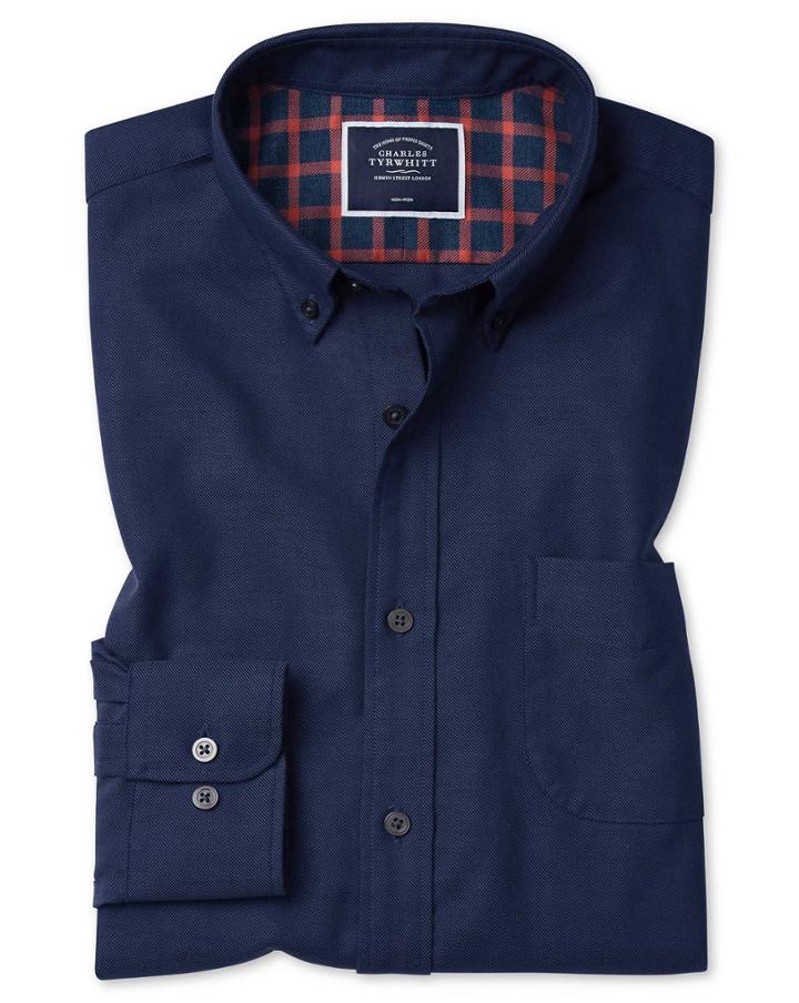  Slim Fit Dark Blue Soft Wash Non-iron Twill Plain Cotton Casual Shirt Single Cuff Size Large By Charles Tyrwhitt