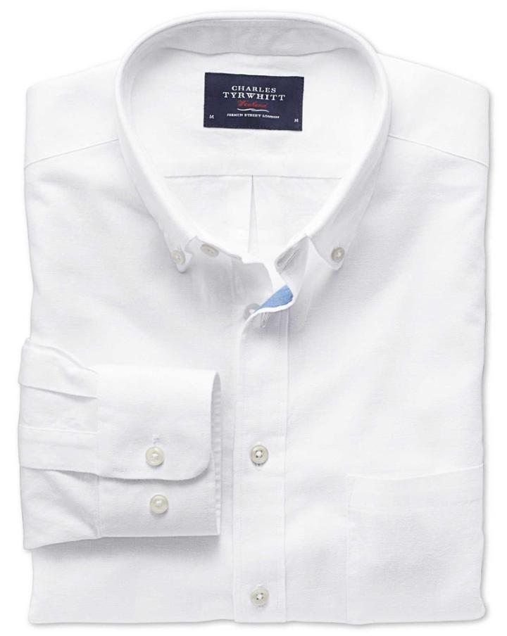 Charles Tyrwhitt Slim Fit White Cotton Linen Cotton/linen Casual Shirt Single Cuff Size Large By Charles Tyrwhitt