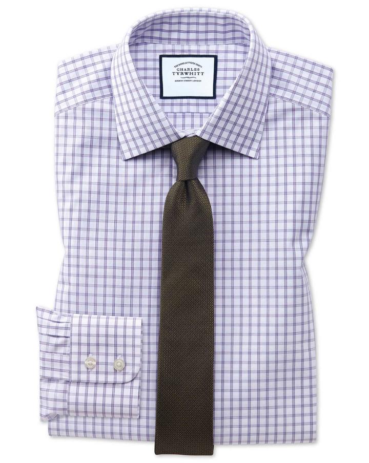  Extra Slim Fit Purple Windowpane Check Cotton Dress Shirt Single Cuff Size 14.5/32 By Charles Tyrwhitt
