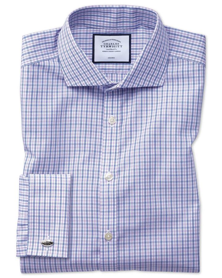  Extra Slim Fit Non-iron Blue And Purple Check Cotton Dress Shirt Single Cuff Size 14.5/32 By Charles Tyrwhitt