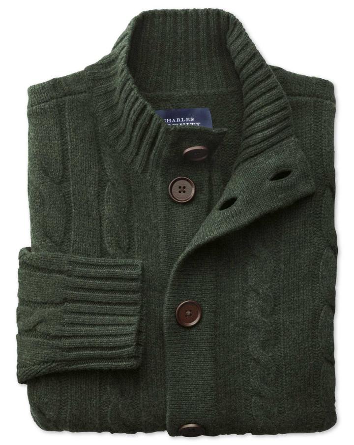 Charles Tyrwhitt Dark Green Lambswool Cable Cardigan Size Medium By Charles Tyrwhitt