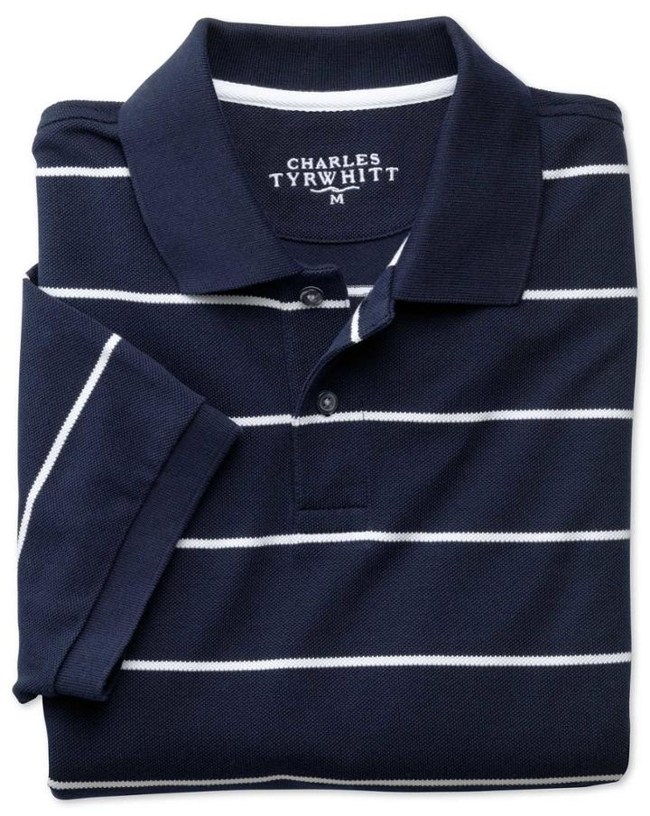 Charles Tyrwhitt Navy And White Stripe Pique Cotton Polo Size Large By Charles Tyrwhitt