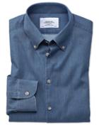 Charles Tyrwhitt Extra Slim Fit Button-down Business Casual Indigo Mid Blue Cotton Dress Casual Shirt Single Cuff Size 14.5/32 By Charles Tyrwhitt
