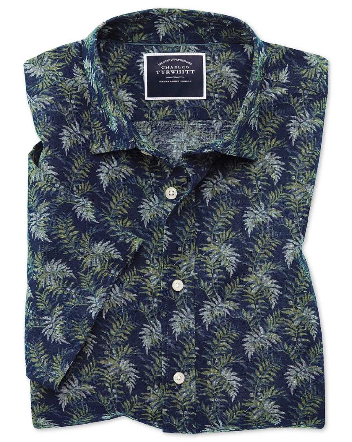 Classic Fit Leaf Print Navy And Green Short Sleeve Linen Cotton Casual Shirt Single Cuff Size Large By Charles Tyrwhitt