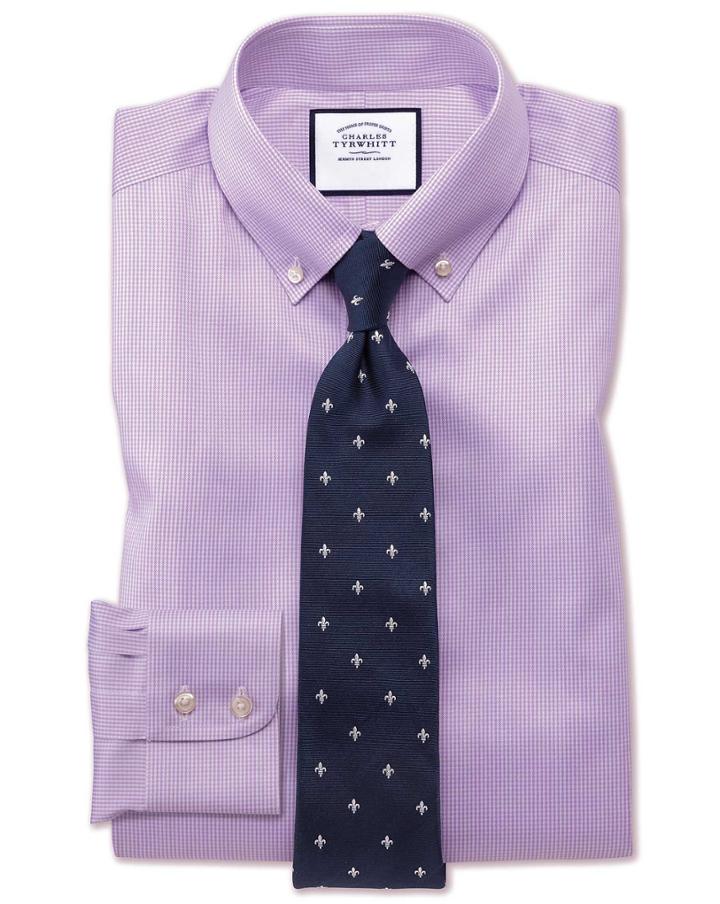  Slim Fit Button-down Non-iron Twill Puppytooth Lilac Cotton Dress Shirt Single Cuff Size 15.5/35 By Charles Tyrwhitt