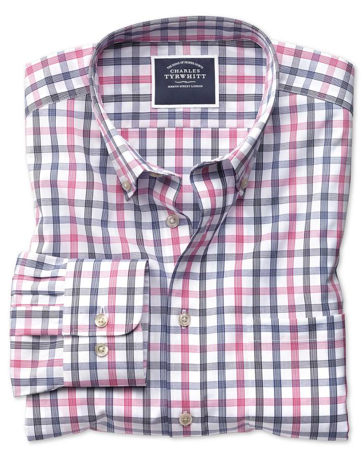  Slim Fit Non-iron White And Pink Large Check Cotton Casual Shirt Single Cuff Size Xxl By Charles Tyrwhitt