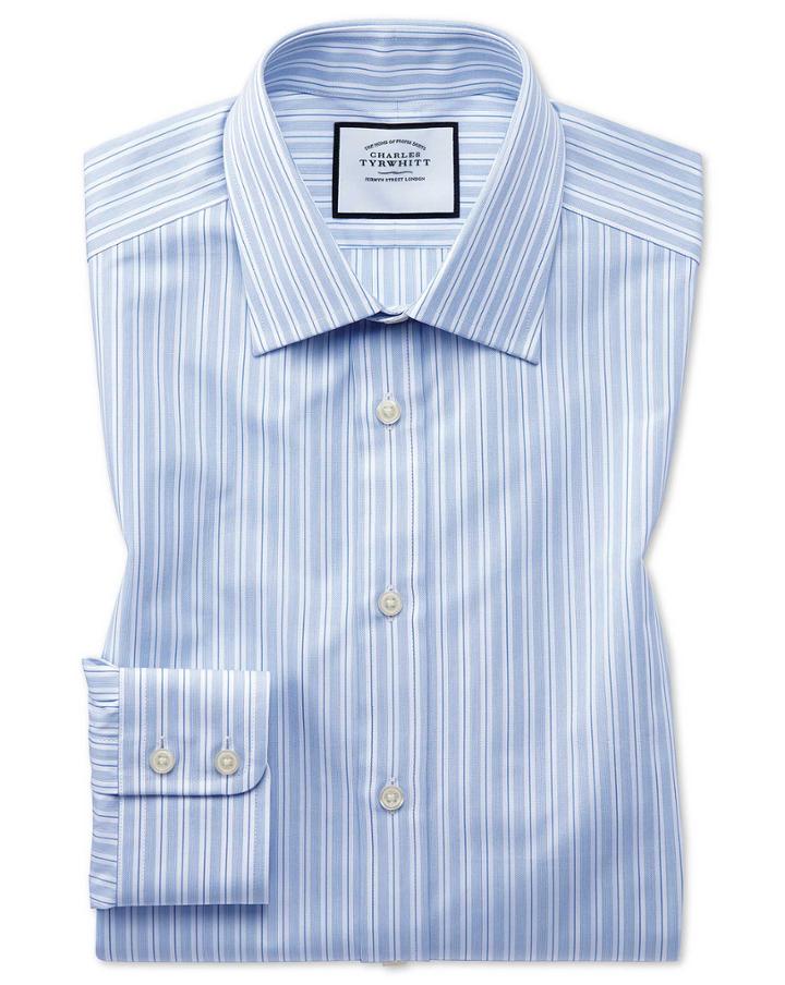  Classic Fit Egyptian Cotton Poplin Sky Blue Stripe Dress Shirt Single Cuff Size 15/33 By Charles Tyrwhitt