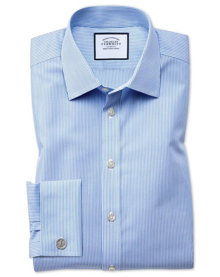 Charles Tyrwhitt Slim Fit Non-iron Bengal Stripe Sky Blue Cotton Dress Shirt Single Cuff Size 14.5/32 By Charles Tyrwhitt