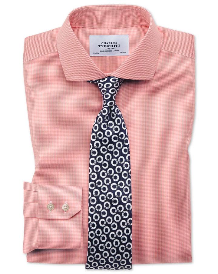 Charles Tyrwhitt Slim Fit Spread Collar Non-iron Puppytooth Coral Cotton Dress Casual Shirt French Cuff Size 14.5/33 By Charles Tyrwhitt