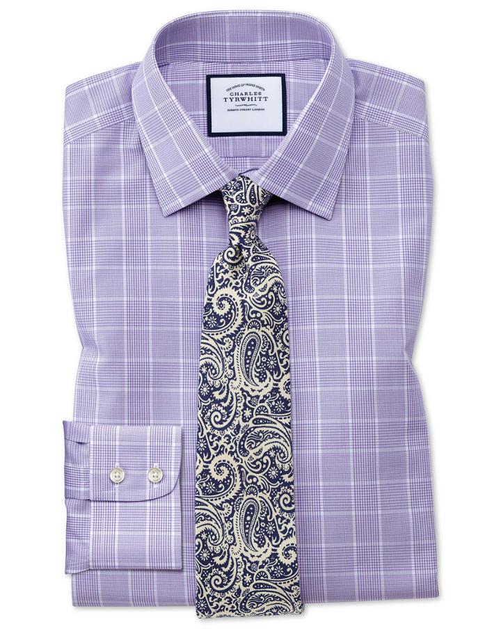  Classic Fit Non-iron Prince Of Wales Lilac Cotton Dress Shirt Single Cuff Size 16/35 By Charles Tyrwhitt