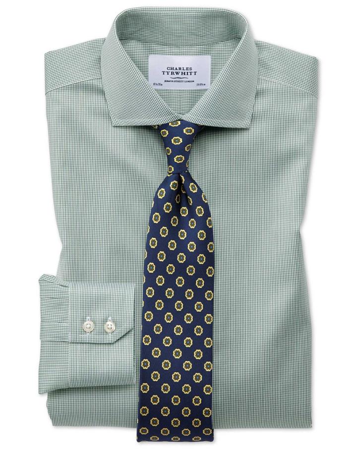  Slim Fit Spread Collar Non-iron Puppytooth Olive Cotton Dress Shirt French Cuff Size 15/34 By Charles Tyrwhitt