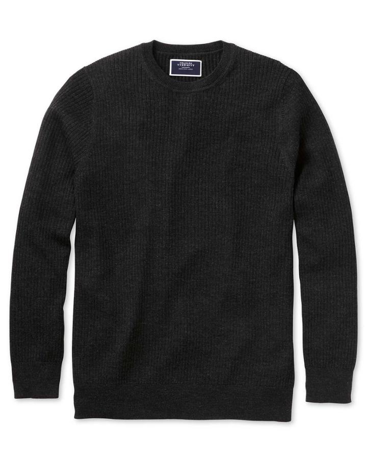  Charcoal Merino Rib Crew Neck Merino Wool Jumper Size Large By Charles Tyrwhitt