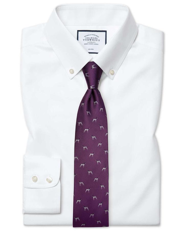  Slim Fit White Button-down Collar Non-iron Twill Cotton Dress Shirt Single Cuff Size 15/32 By Charles Tyrwhitt