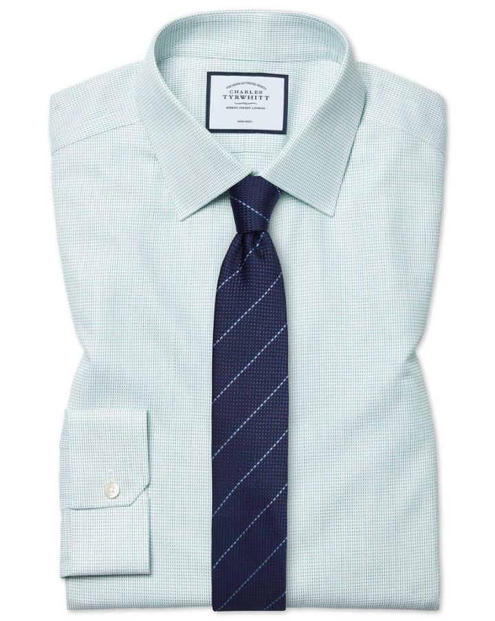  Super Slim Fit Non-iron Dash Weave Green Cotton Dress Shirt French Cuff Size 14/33 By Charles Tyrwhitt