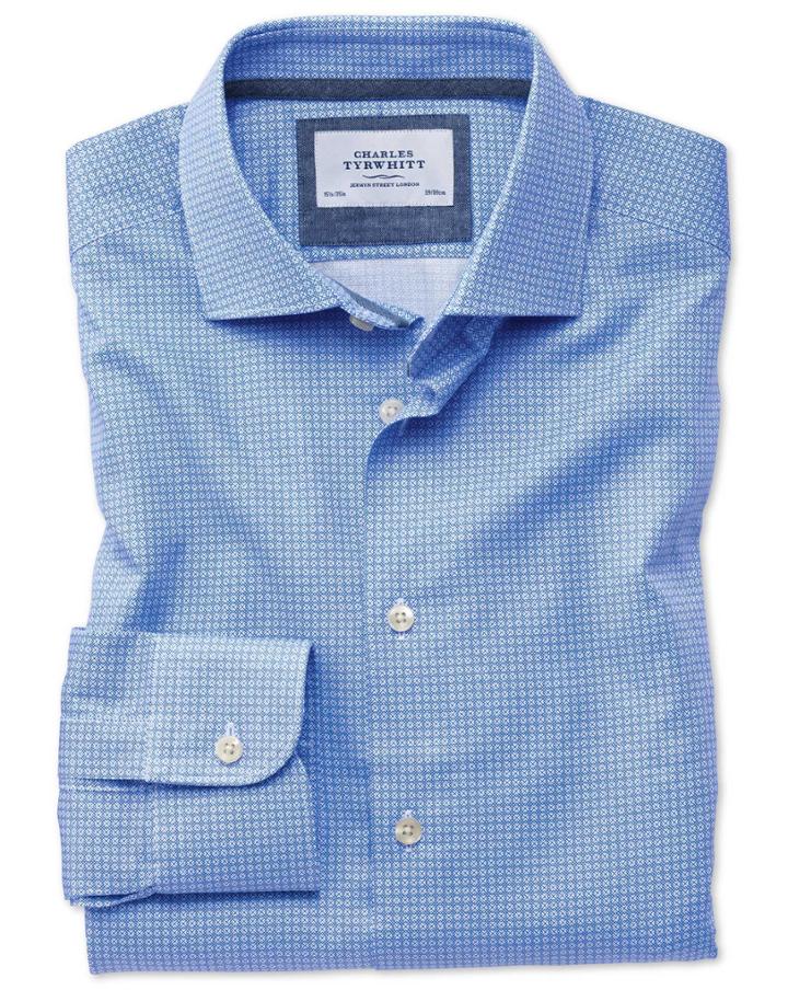 Charles Tyrwhitt Slim Fit Semi-spread Collar Business Casual Geometric Print Mid Blue Egyptian Cotton Dress Shirt Single Cuff Size 15/33 By Charles Tyrwhitt