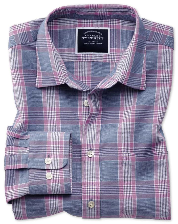 Charles Tyrwhitt Classic Fit Cotton Linen Blue And Purple Check Casual Shirt Single Cuff Size Medium By Charles Tyrwhitt