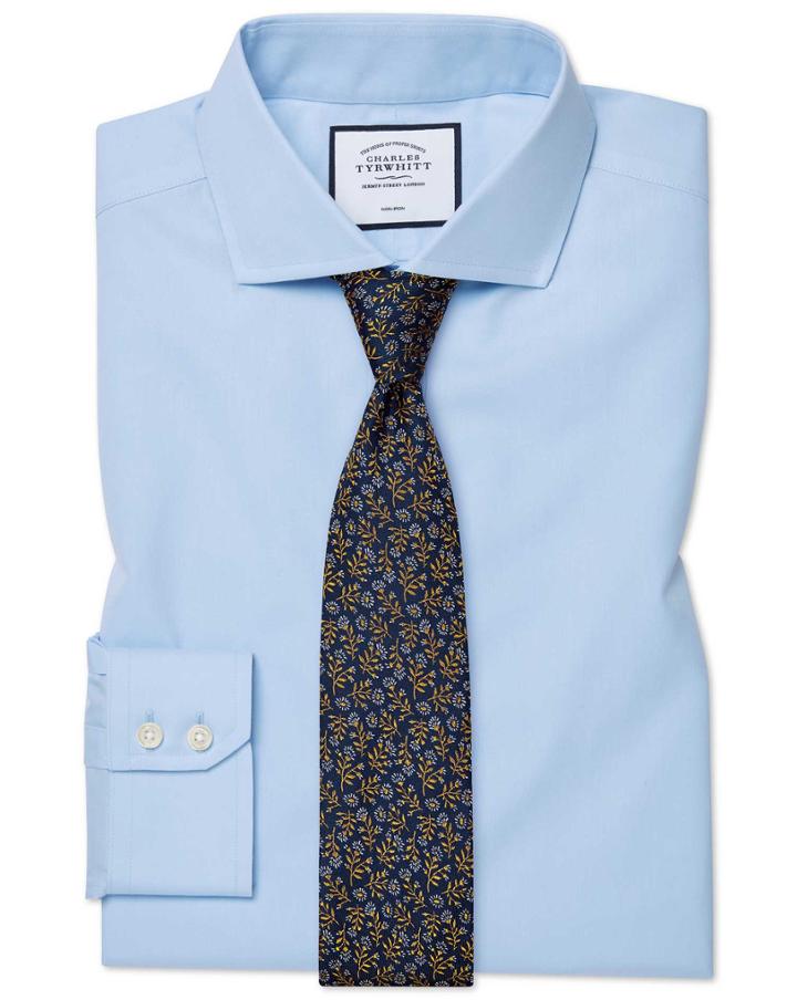  Classic Fit Sky Blue Non-iron Twill Cutaway Collar Cotton Dress Shirt French Cuff Size 15/33 By Charles Tyrwhitt