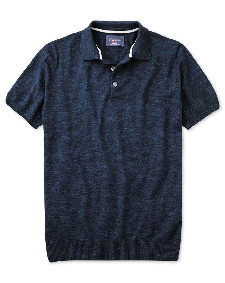 Charles Tyrwhitt Charles Tyrwhitt Navy Blue Heather Short Sleeve Cotton Polo Collar Sweater Size Large