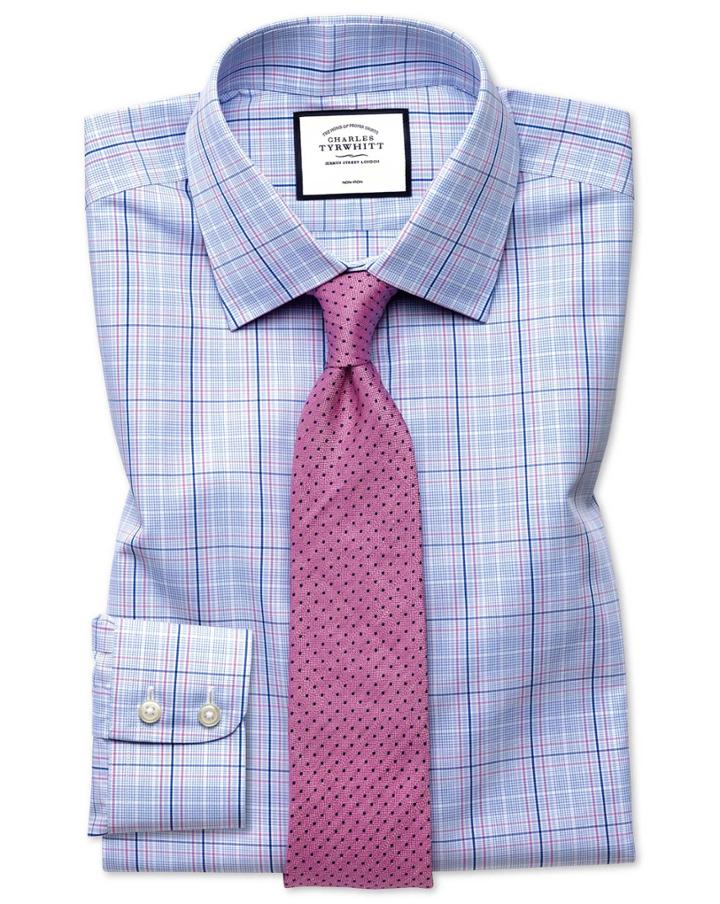  Slim Fit Non-iron Prince Of Wales Sky Blue And Pink Cotton Dress Shirt French Cuff Size 14.5/33 By Charles Tyrwhitt