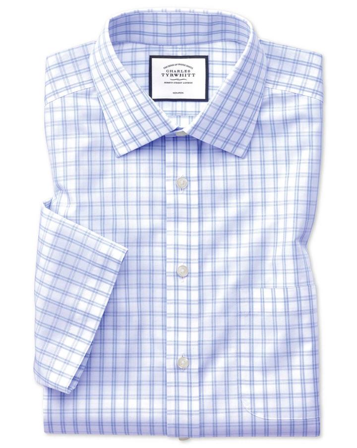  Slim Fit Non-iron Sky Blue Check Natural Cool Short Sleeve Cotton Dress Shirt Size 14.5/short By Charles Tyrwhitt