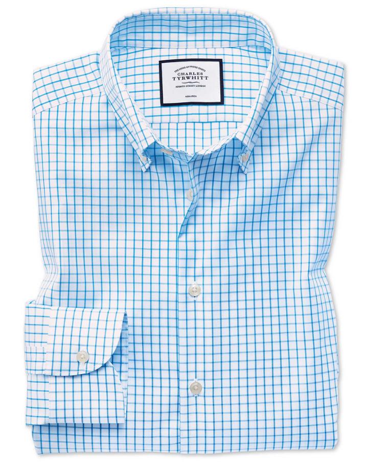  Classic Fit Business Casual Non-iron Button-down Teal Cotton Dress Shirt Single Cuff Size 15/34 By Charles Tyrwhitt
