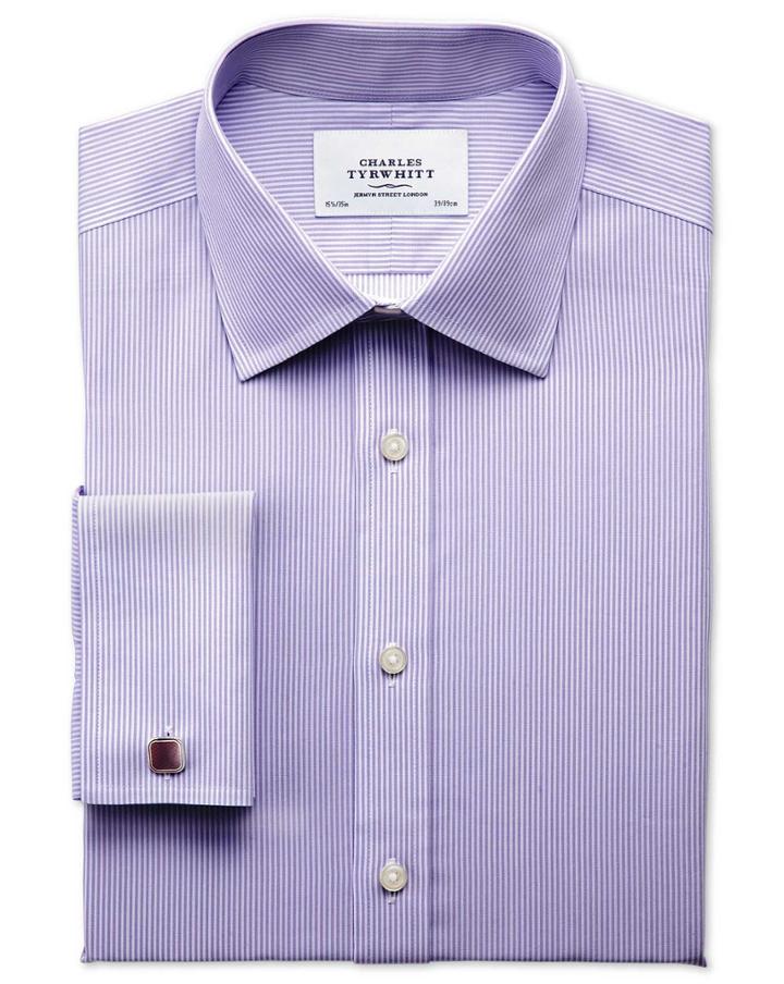 Charles Tyrwhitt Charles Tyrwhitt Slim Fit Non-iron Bengal Stripe Lilac Cotton Dress Shirt Size 14.5/32