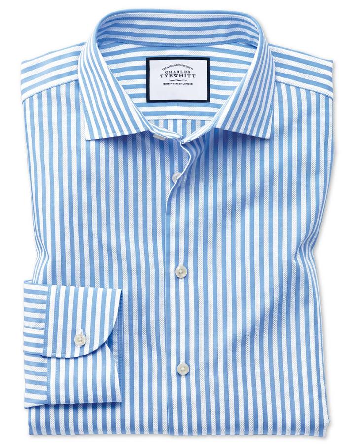  Extra Slim Fit Business Casual Leno Texture Stripe Sky Blue And White Cotton Dress Shirt Single Cuff Size 14.5/32 By Charles Tyrwhitt