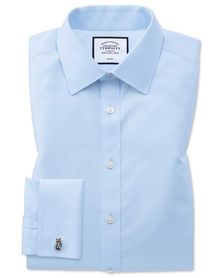  Slim Fit Non-iron Twill Sky Blue Cotton Dress Shirt French Cuff Size 14.5/33 By Charles Tyrwhitt